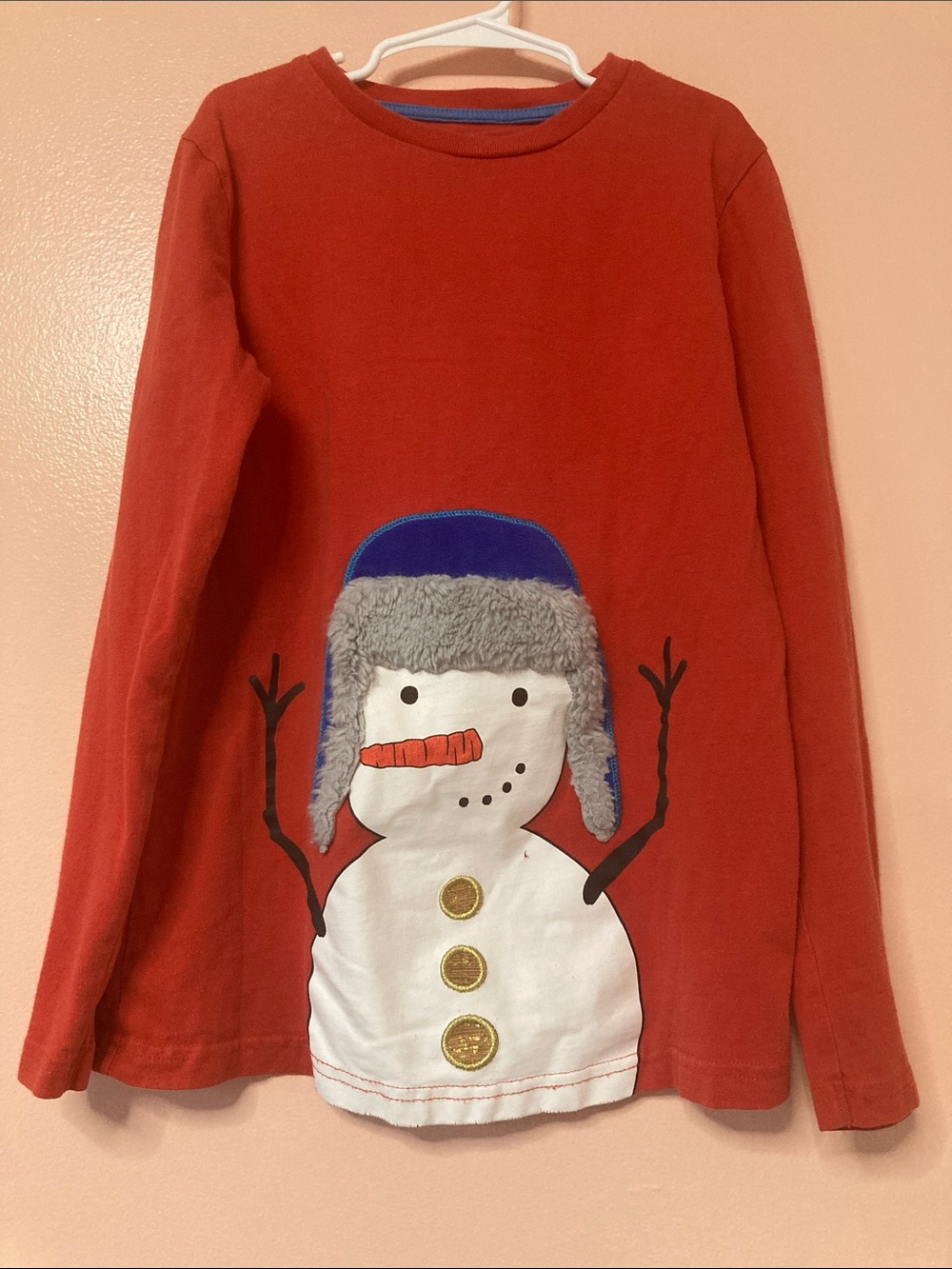Mini Boden Kids Size 9-10 Years Long Sleeve Red Graphic T-Shirt Snowman Applique